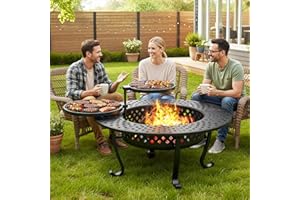 Wisteria Lane 3 in 1 43" Extra Large Fire Pit for Outside Wood Burning with 2 Adjustable Grills, Outdoor Fireplace with Lid and Fire Poker, BBQ & Bonfire & Round Metal Table for Patio, Backyard