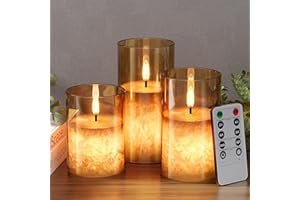 VIODAIM Ice Crystal Real Wax Glass Flameless Candles with Remote & Timer, Battery Operated Candles with Warm Flickering Flame, Realistic LED Candle for Wedding Home Decor [D3×H4/5"/6"] Gold, 3Pack