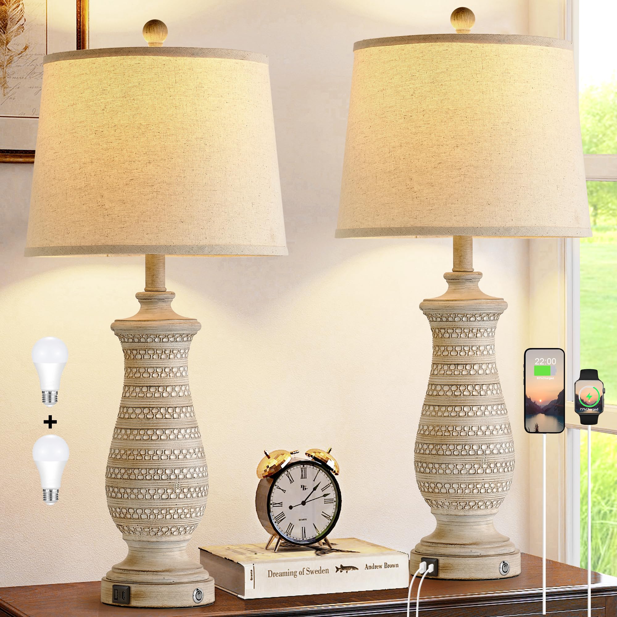 Photo 1 of Ireliare Farmhouse Table Lamps for Living Room Set of 2, Touch Lamps for Nightstand with Dual USB Charging Port, Bedside Table Lamp for Bedroom, 2 Bulb Included
