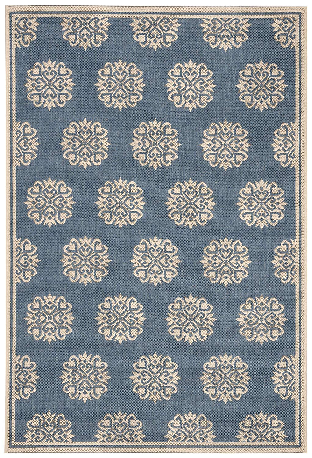 Safavieh Small Medallion Indoor/Outdoor Woven Rectangle Area Rug, Beachhouse Collection, BHS181, in Cream / Blue, 79 X 152 cm for Garden, Patio or Any Outdoor Space