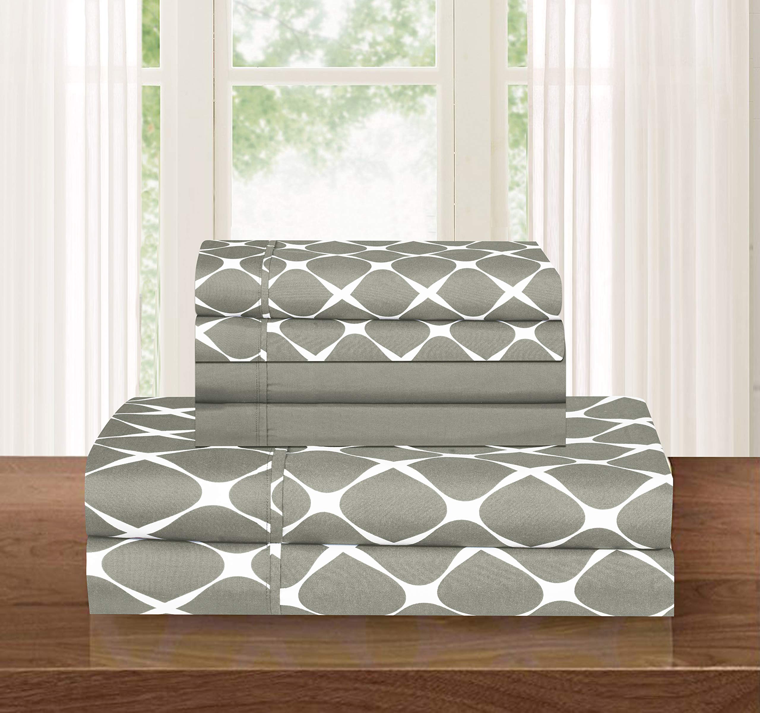 Elegant Comfort Luxury Softest and Coziest 6-Piece Bed Sheet Set, Wrinkle Resistant Milano Trellis Pattern - 1500 Thread Count Egyptian Quality Coziest Bedding Set, Queen, Grey