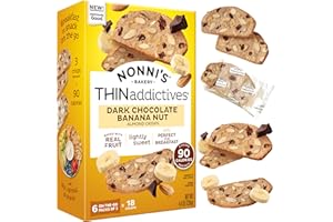 Nonni's THINaddictives Dark Chocolate Banana Nut Crisps 4.4 oz, Lightly Sweet Almond Snack, 6 On-the-Go Packs, 90 Calories