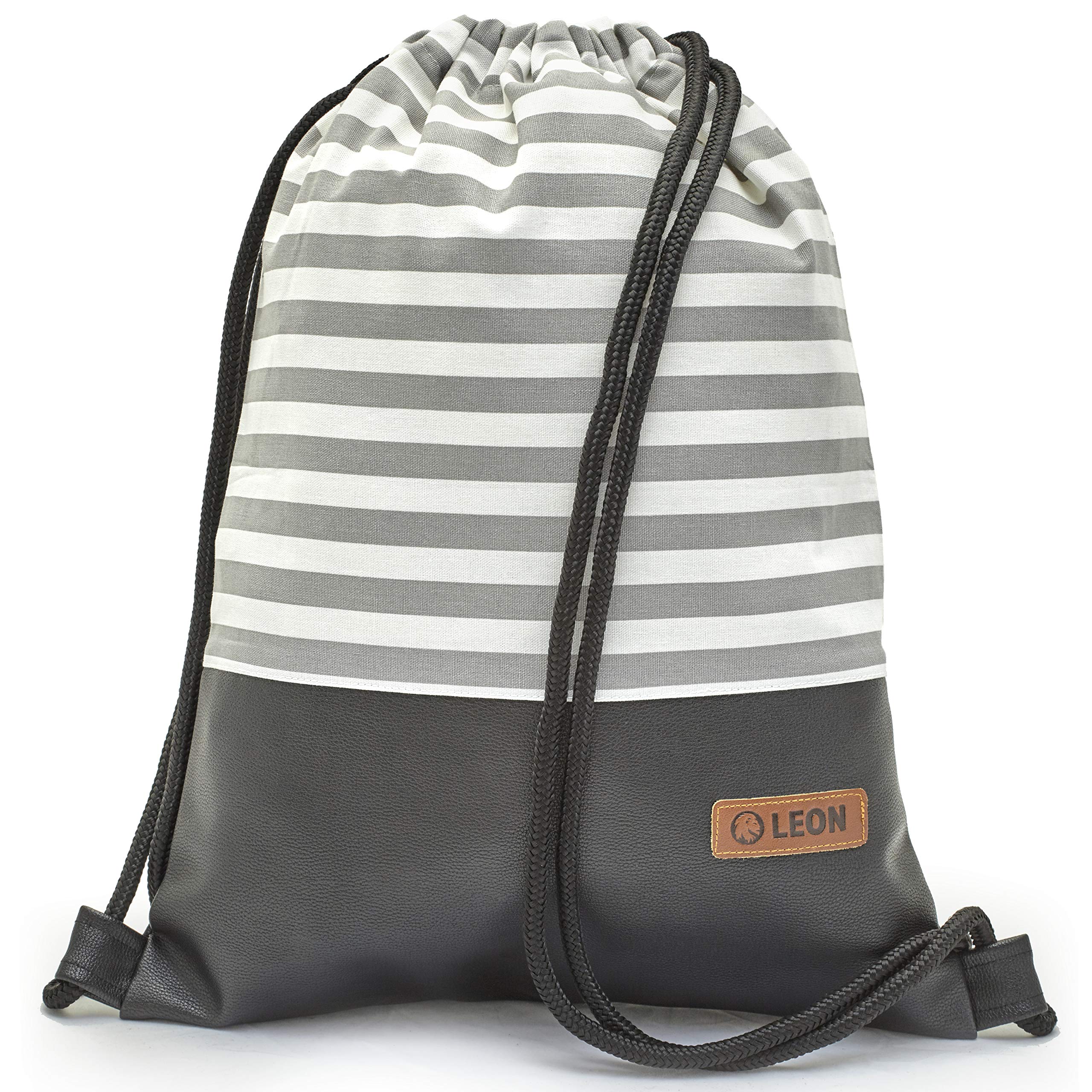 By Bers Leon Gym Bag with Inner Pockets Zip Backpack Bag Women Men & Teenagers Gym Bag Draw String, Striped grey, 40cm hoch