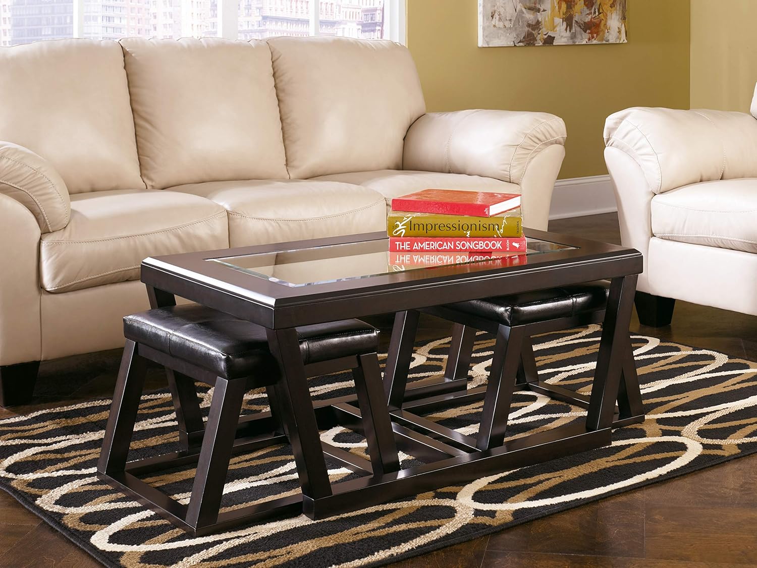 Signature Design by Ashley - Kelton Glass Top Coffee Table with 2 Stools - 3 Piece Set, Espresso Brown: Furniture & Decor