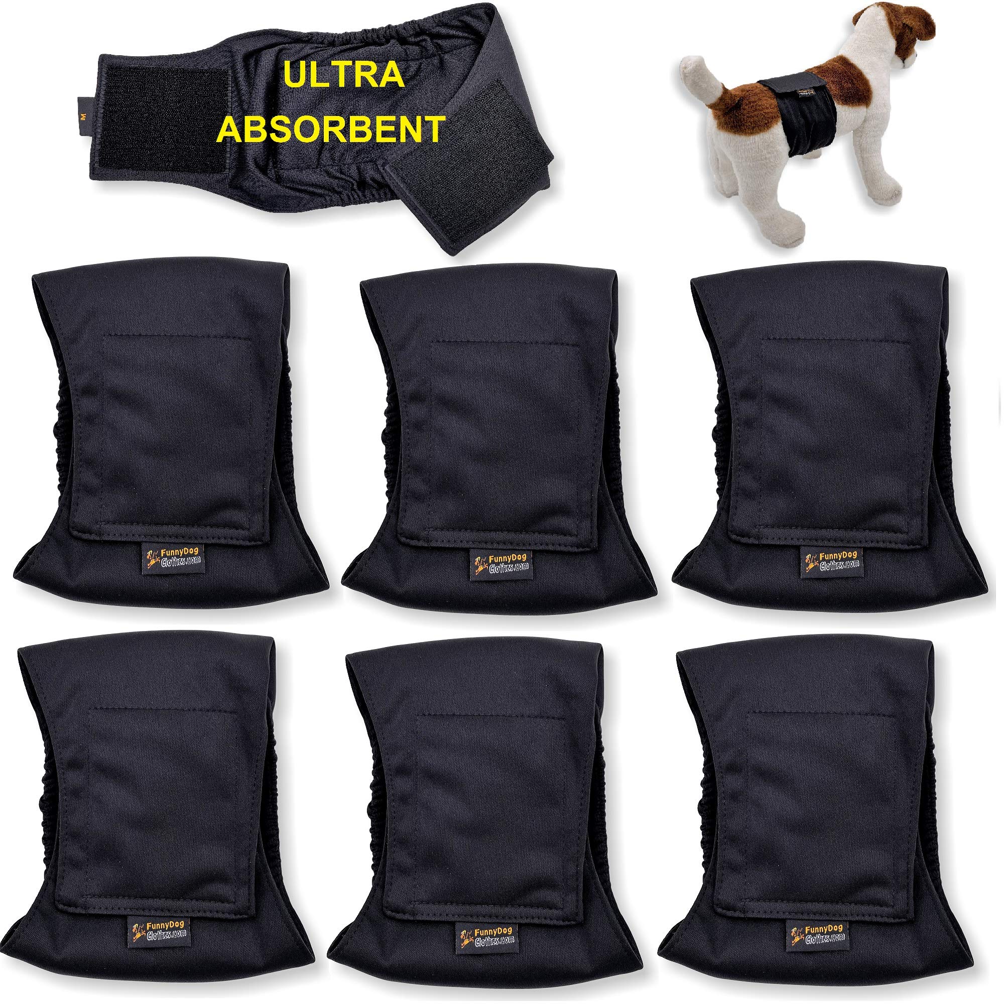 FunnyDogClothes Pack of 3 or 6 Male Dog Diapers 4 - Layers of Absorbent Pads Waterproof Leak Proof Belly Band Wrap Washable (S: Waist 10" - 12", Pack of 6 Black)