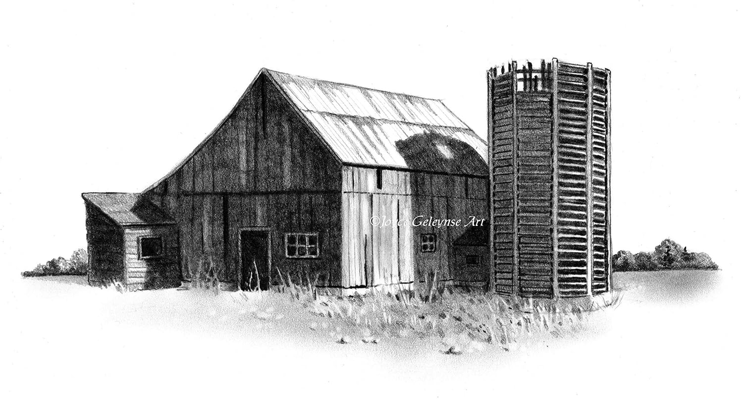 Amazon Com Art Print Old Barn And Wooden Silo Pencil Drawing