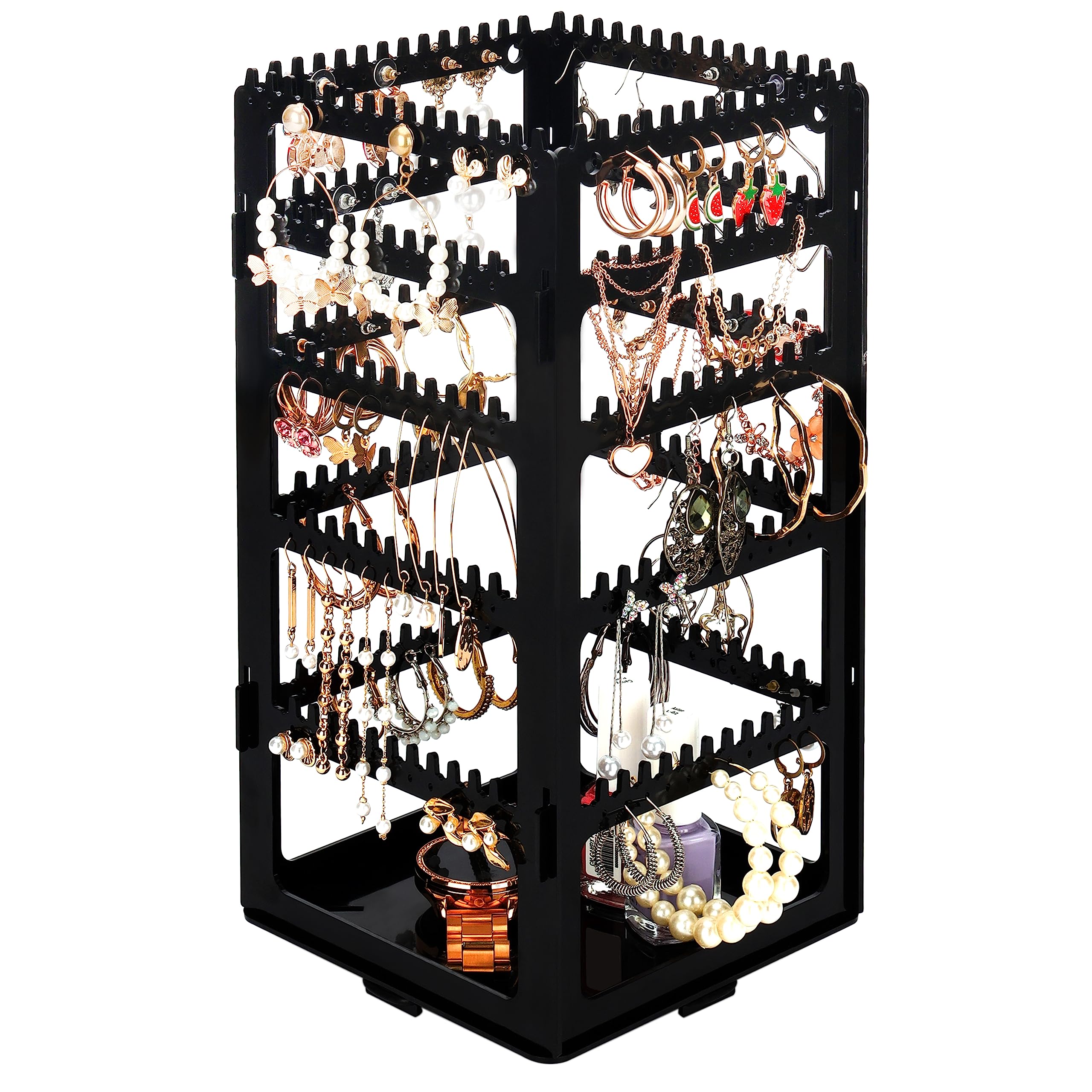 Kurtzy Foldable Acrylic Jewellery Organiser - 5 Tiers and 4 Panels of Storage for Ear Rings, Bracelets & Necklaces - Stores 220 Pairs of Earrings - Black 4-Sided Display for Jewellery Storage