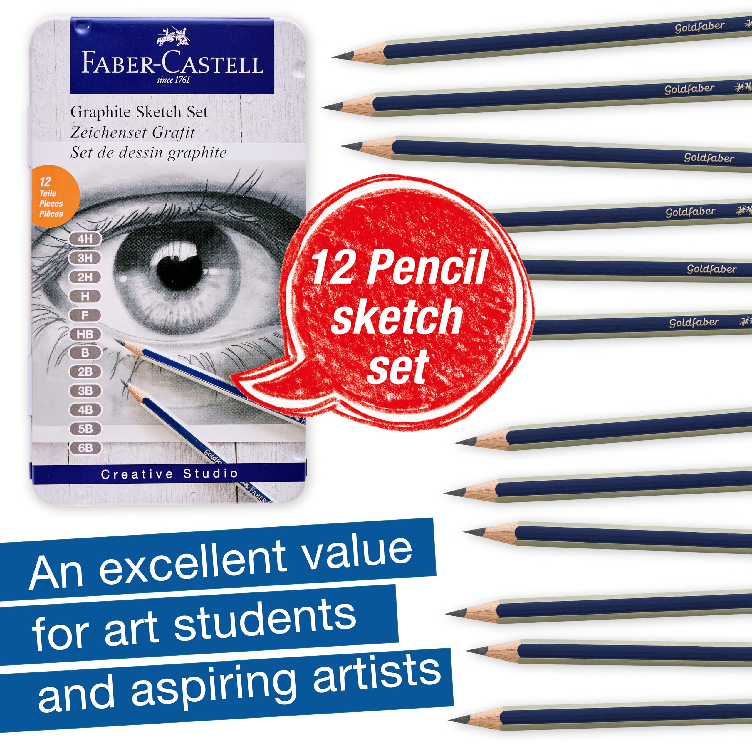 Faber-Castell Graphite Pencils Drawing Set: 12 Art Pencils for Sketching (4H, 3H, 2H, H, F, HB, B, 2B, 3B, 4B, 5B, and 6B), Shading Kit