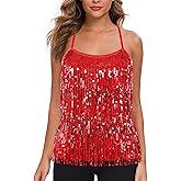 MANER Women’s Sequin Fringe Top Sparkly Party Tank Top Tassel Trim Cami