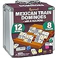 Queensell Mexican Train Dominoes Set with 8 Holders - Wooden Hub and Tiles Holders - Double 12 Tiles with Dots (D12 + 8 Holders)