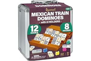 Mexican Train Dominoes Set with 8 Holders - Wooden Hub and Tiles Holders - Double 12 Tiles with Dots