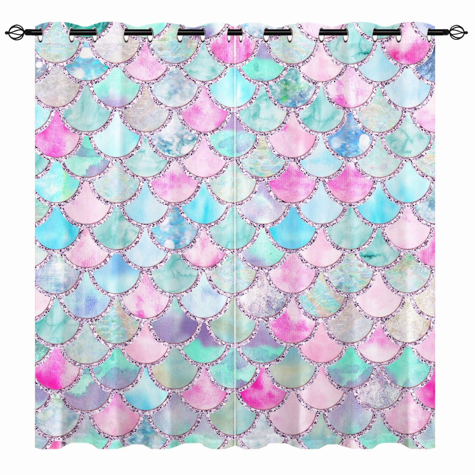 YUANZU Girls Mermaid Scales Curtains, Watercolor Colorful Mermaid Fish Scales Geometric Print Pattern Eyelet Thermal Insulated Window Drapes for Living Room Bedroom 2 Panels Each Panel W117cm x D137cm