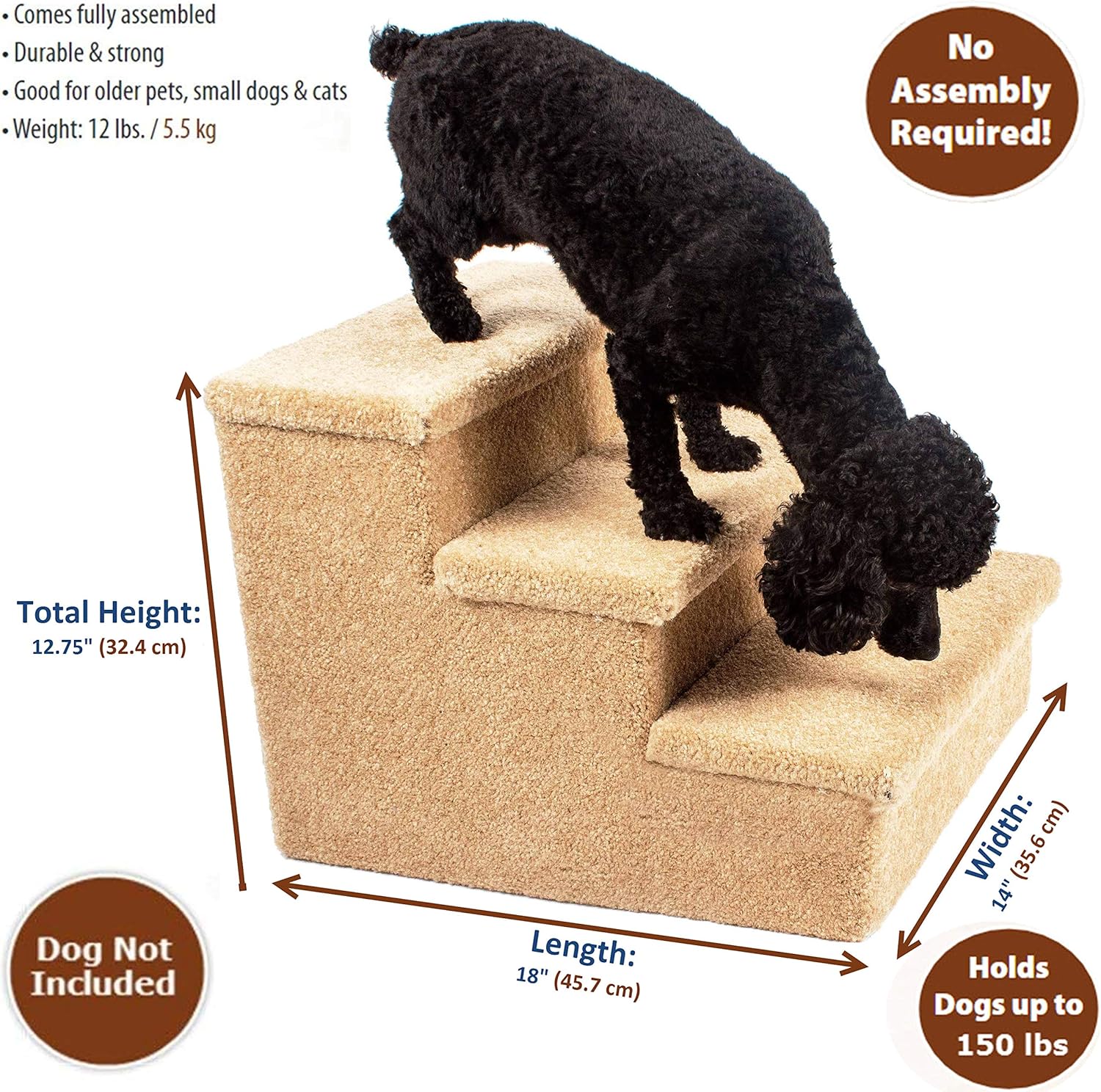 Penn-Plax 3 Step Carpeted Pet Stairs for Both Cats and Dogs Holds Up to 150 LBS 12.75 Inches High, Beige : Pet Supplies