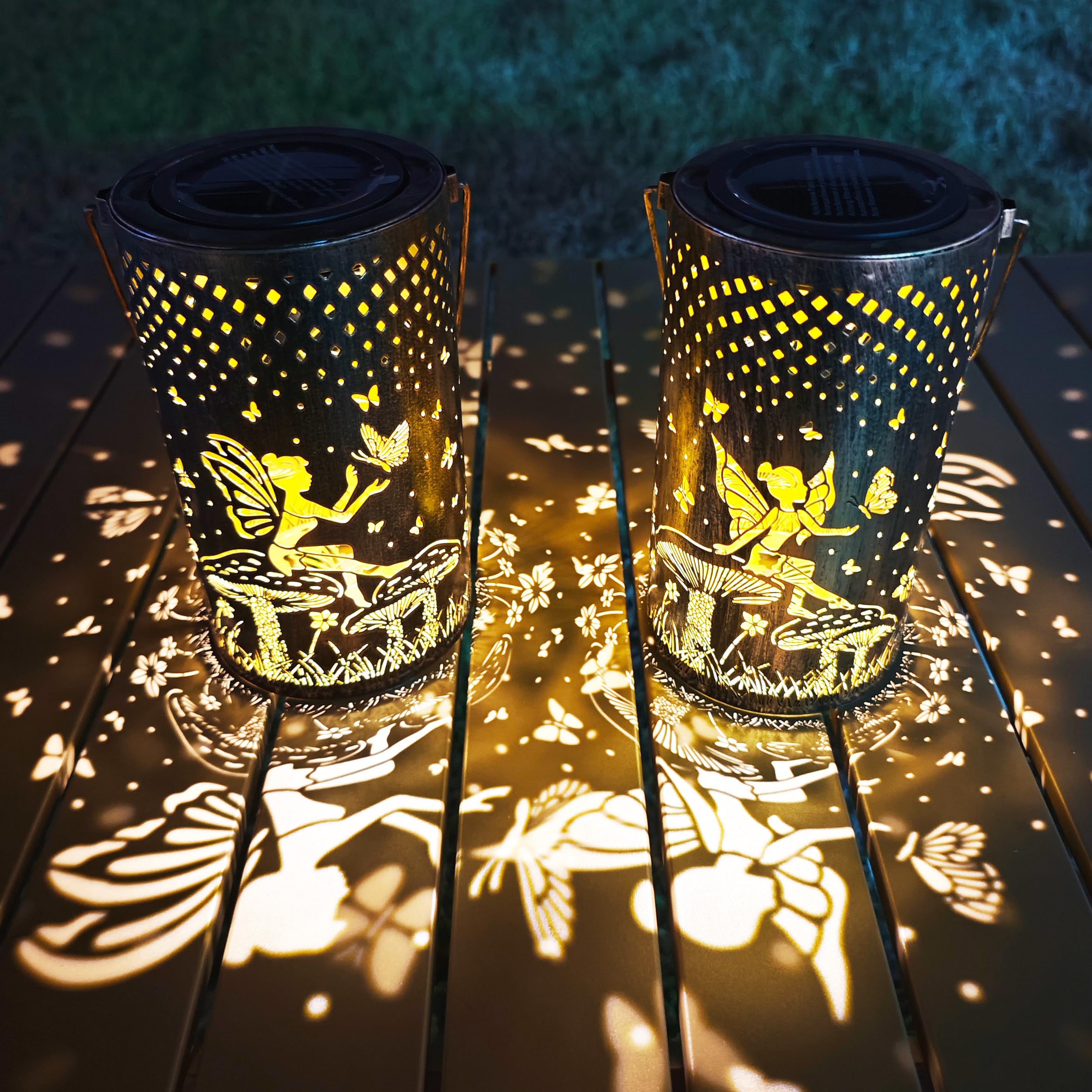Freekite 2 Pack Solar Lanterns for Outdoor, IP65 Waterproof Fairy Butterfly Cutout Hanging Solar Lights with Shepherd's Hooks, Outdoor Lanterns Garden Ornaments for Garden Table Patio, Gifts for Women