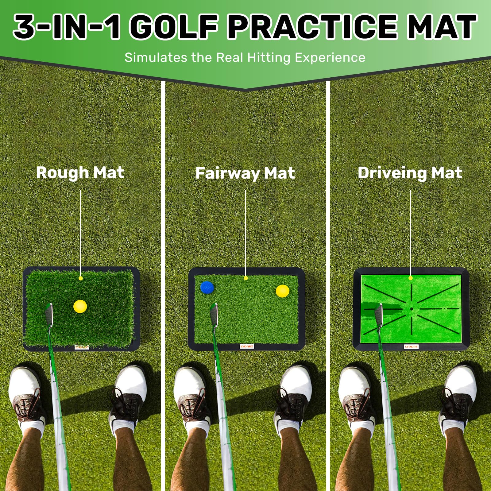 Golf Hitting Mats Training Equipment, Golf Practice Mat with Instant Swing Path Feedback, 3 Replaceable Golf Training Mats with No-Slip Heavy Duty Rubber Base