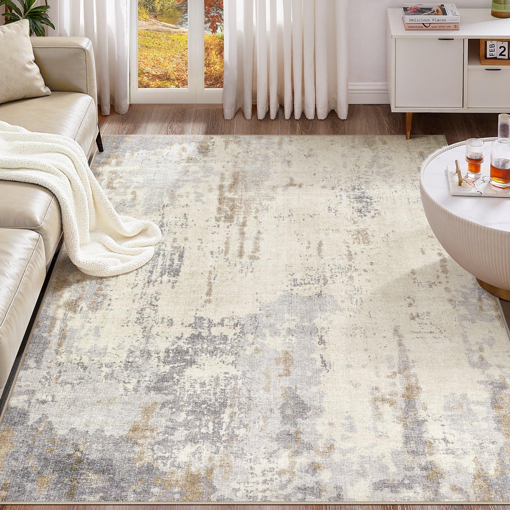 UERMEI 9x12 Area Rug Living Room Rugs - Washable Neutral Modern Abstract Soft Thin Rug Indoor Floor No Slip Rug Carpet for Bedroom Under Dining Table Home Office Decor - Light Brown/Gray Image