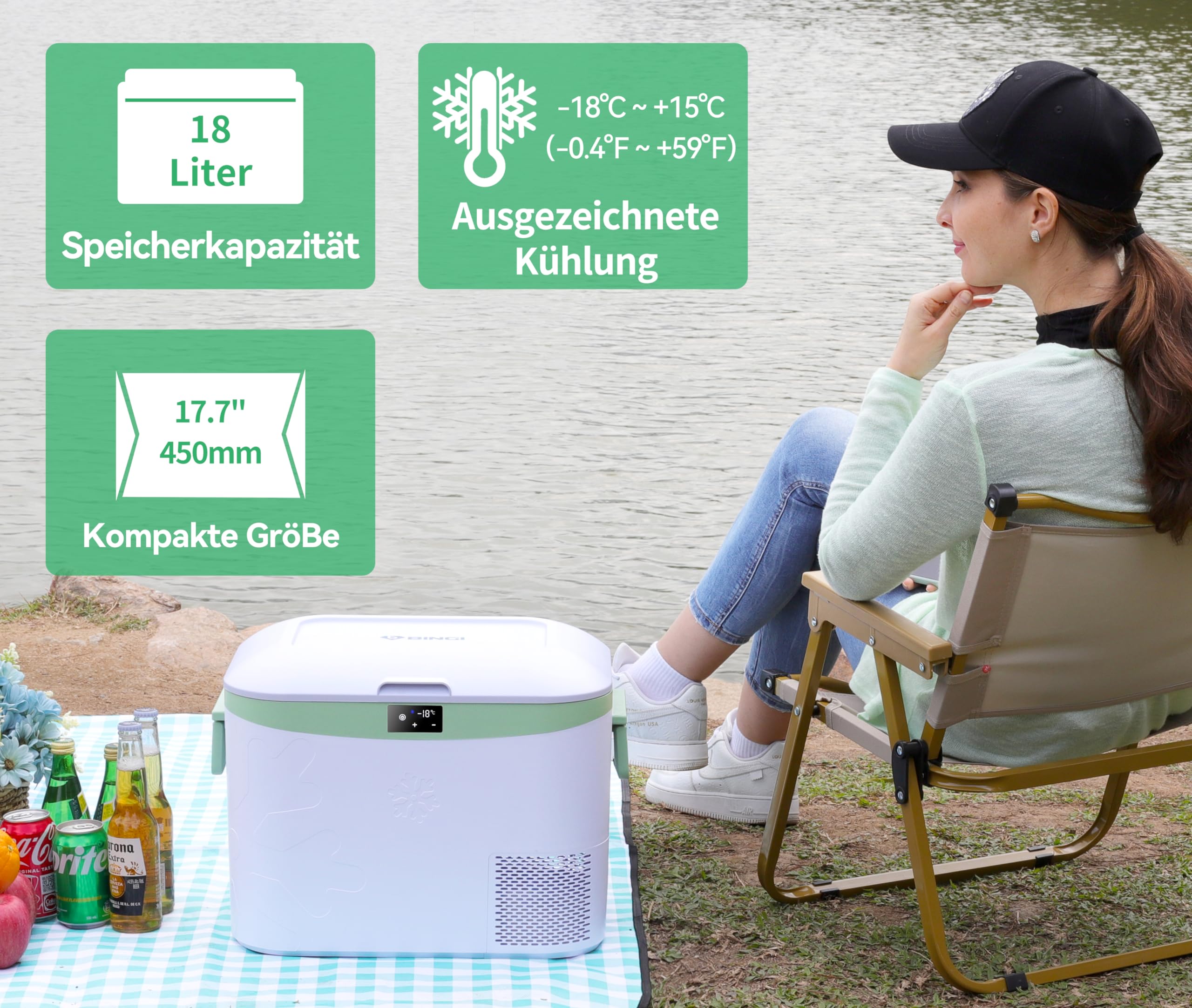 BINGI Kompressor Kühlbox 18L Tragbarer 12V Auto-Kühlschrank 12/24V DC und 230V AC Mini Gefrierschrank für Auto, LKW, Camping, Wohnmobil und Zuhause (15℃ bis -18℃) 2