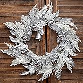 BINFEN 20" Silver Christmas Wreaths for Front Door, Silver Berry Leaves Bells Balls Xmas Wreath with White Fake Pampas Grass, Door Reef for Windows Fireplaces Walls, Front Porch Indoor and Outdoor