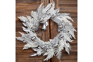 BINFEN 20" Silver Christmas Wreaths for Front Door, Silver Berry Leaves Bells Balls Xmas Wreath with White Fake Pampas Grass, Door Reef for Windows Fireplaces Walls, Front Porch Indoor and Outdoor