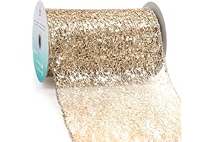 CT CRAFT LLC Sparkling Glitter Mesh Wired Ribbon 6" x 10 Yards Champagne Gold for Christmas Home Decor Bow Gift Wrapping DIY Crafts Wreath