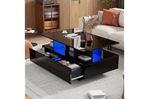 GDFStudio High Gloss Black Coffee Table with 2 Drawers and LED Lights, Modern Centre Table with Open Storage Space, Multifunc
