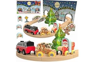 Lot de 30 trains en bois pop-up de Noël – Moteur motorisé avec lumière, traîneau du Père Noël et voitures de renne, figurines