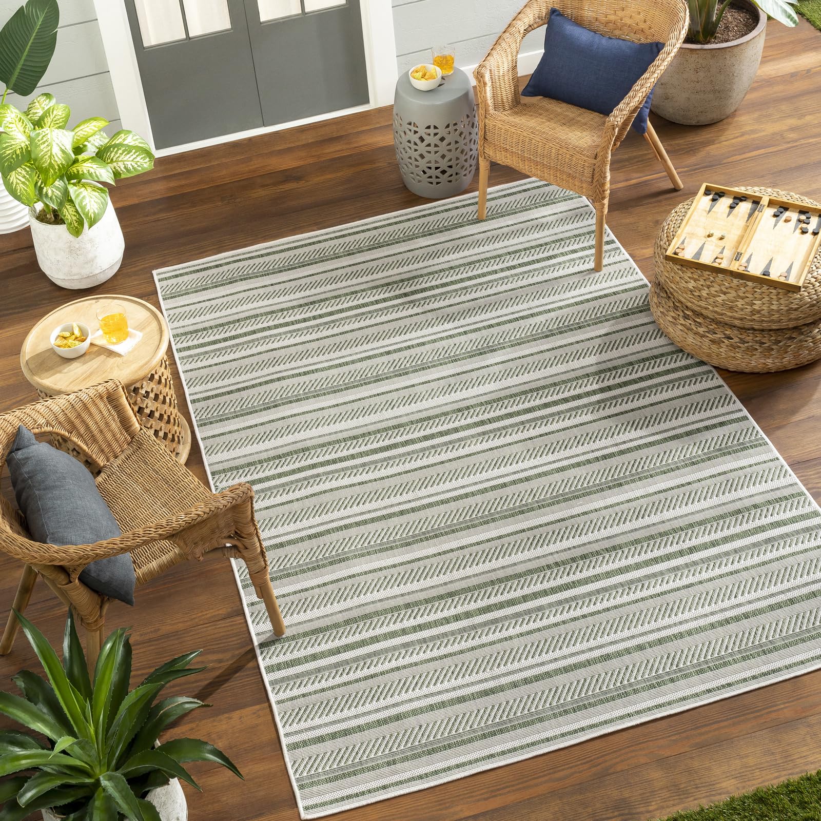 Livabliss Kavita Ibiza Indoor Outdoor Floor Covering 130x180 cm – Boho Pattern for Living Room, Patio & Kitchen, Waterproof, Stain-Resistant, Dark Green & Ivory