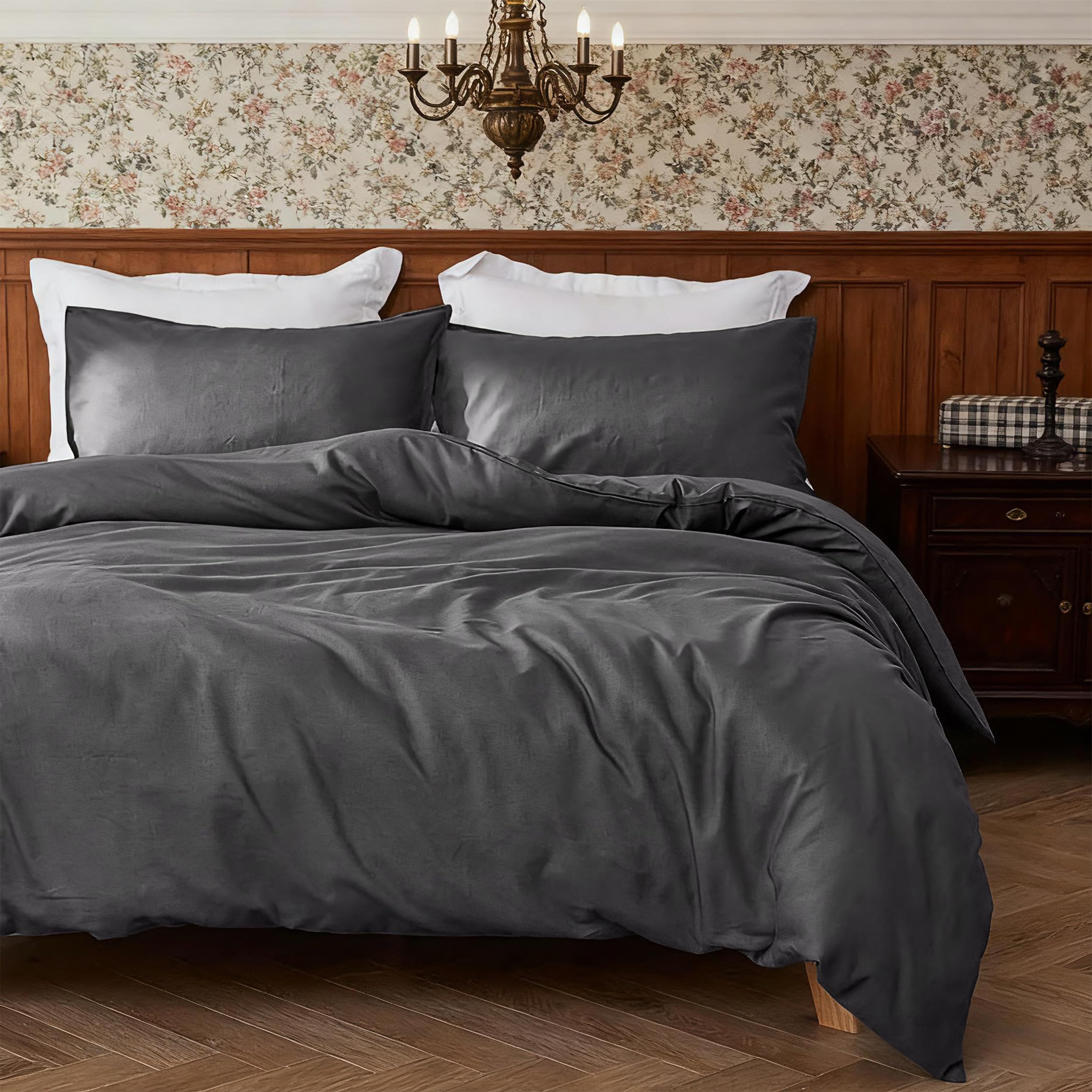 Simple&Opulence Linen Duvet Cover Double,Natural Linen Cotton Duvet Cover with Pillowcase,Duble Size Bedding Set,Soft Warm Breathable Bed Quilt Cover with Button Closure,200x200cm,Charcoal Grey — image 1