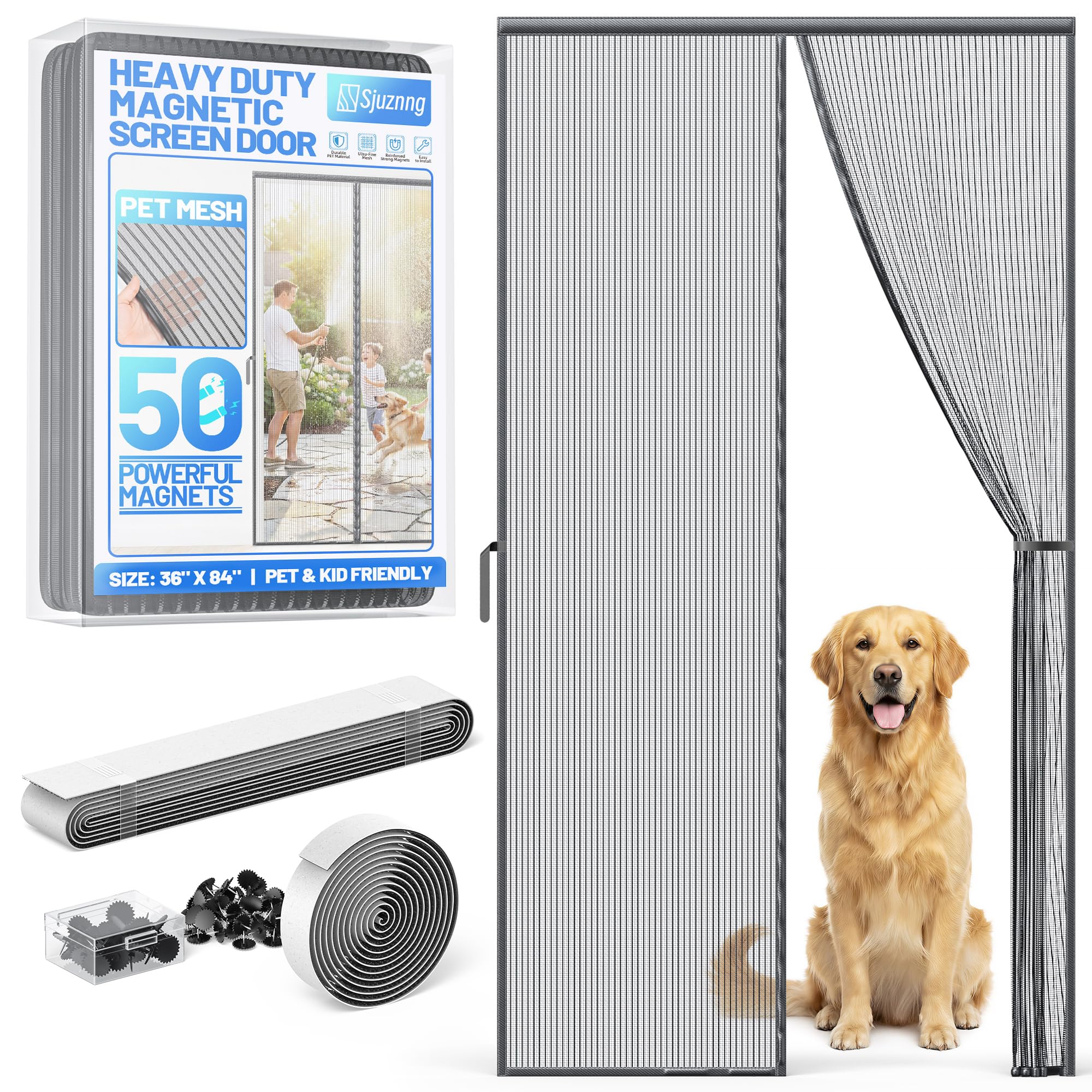 Photo 1 of Heavy Duty Magnetic Screen Door Mesh - Auto-Sealing Hand-Free Door Net Screen with 50 Magnets, Pet & Kid Friendly, PET Fine Mesh Doors Screens Keep Bugs & Mosquitos Out Fits Front Doors Size 34” x 82”