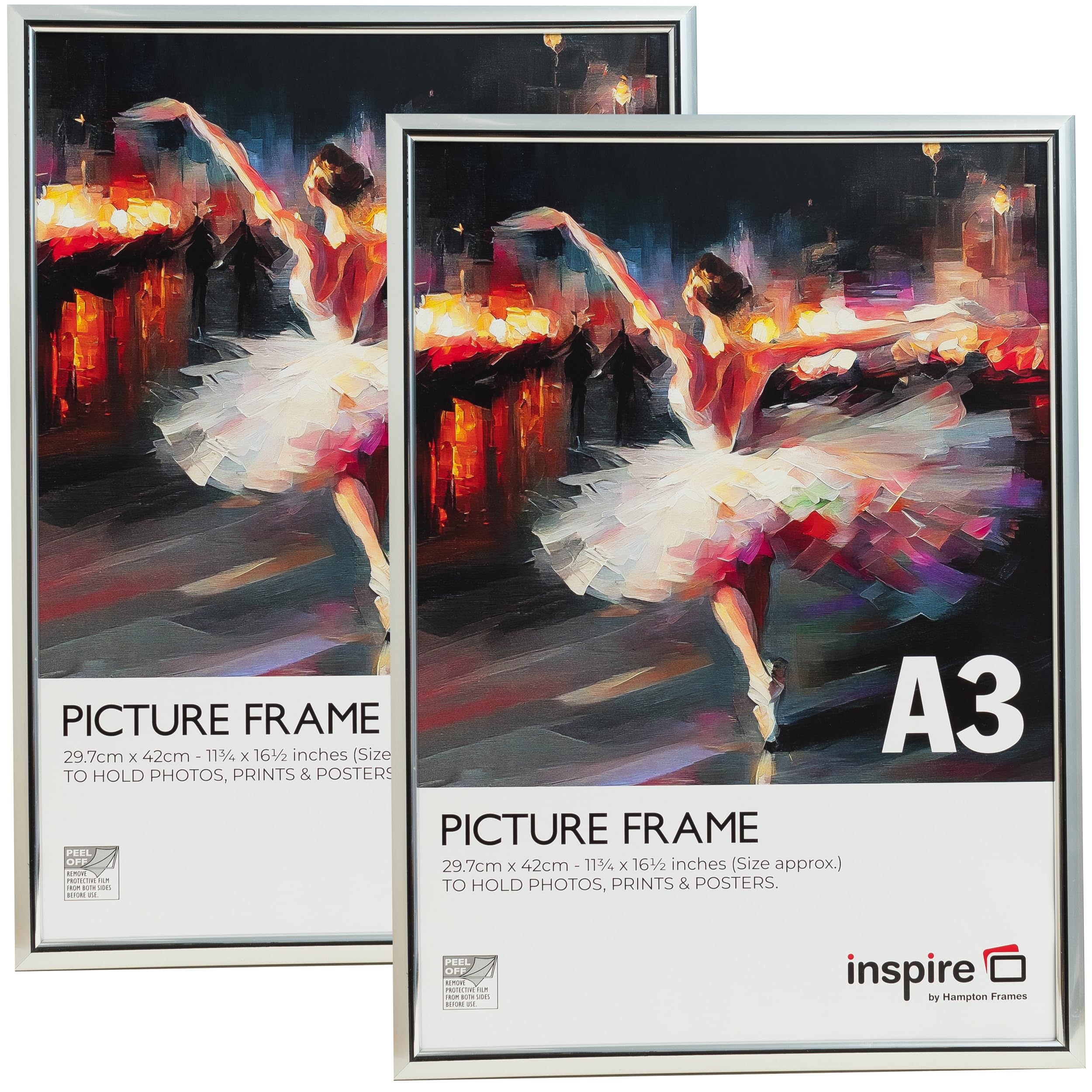 inspire by Hampton Frames | Picture Poster Frame 2-Pack | A3 (30x42cm), Silver, Plastic, Foil Wrapped | Acrylic Front, Drop-In Back, Wall Mount | Modern Display for Photos, Certificates