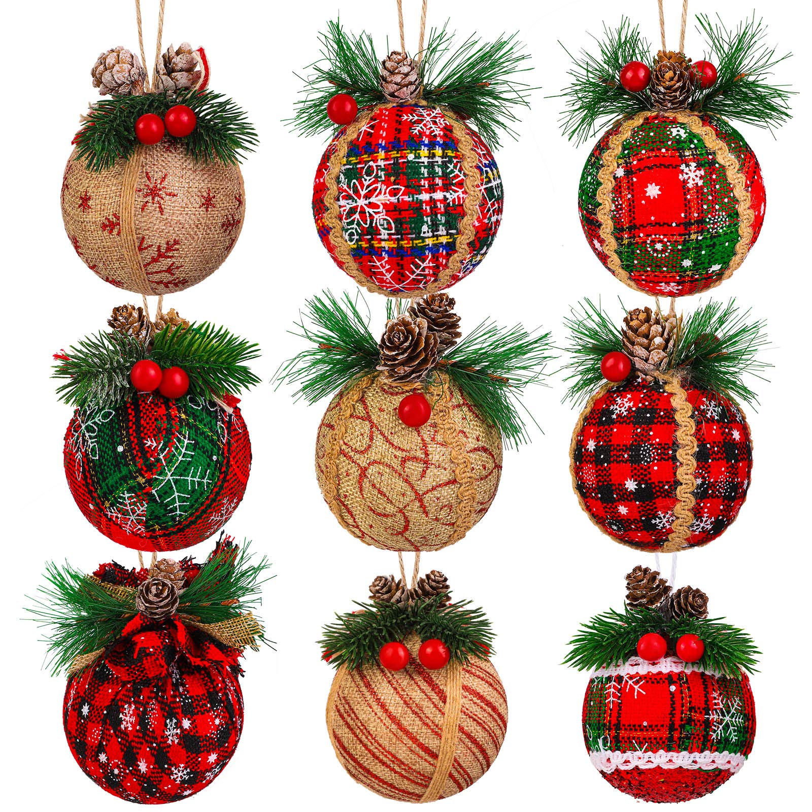 ELCOHO 9 Piece Rustic Christmas Tree Baubles - Shatterproof Hanging Ornaments for Decorations