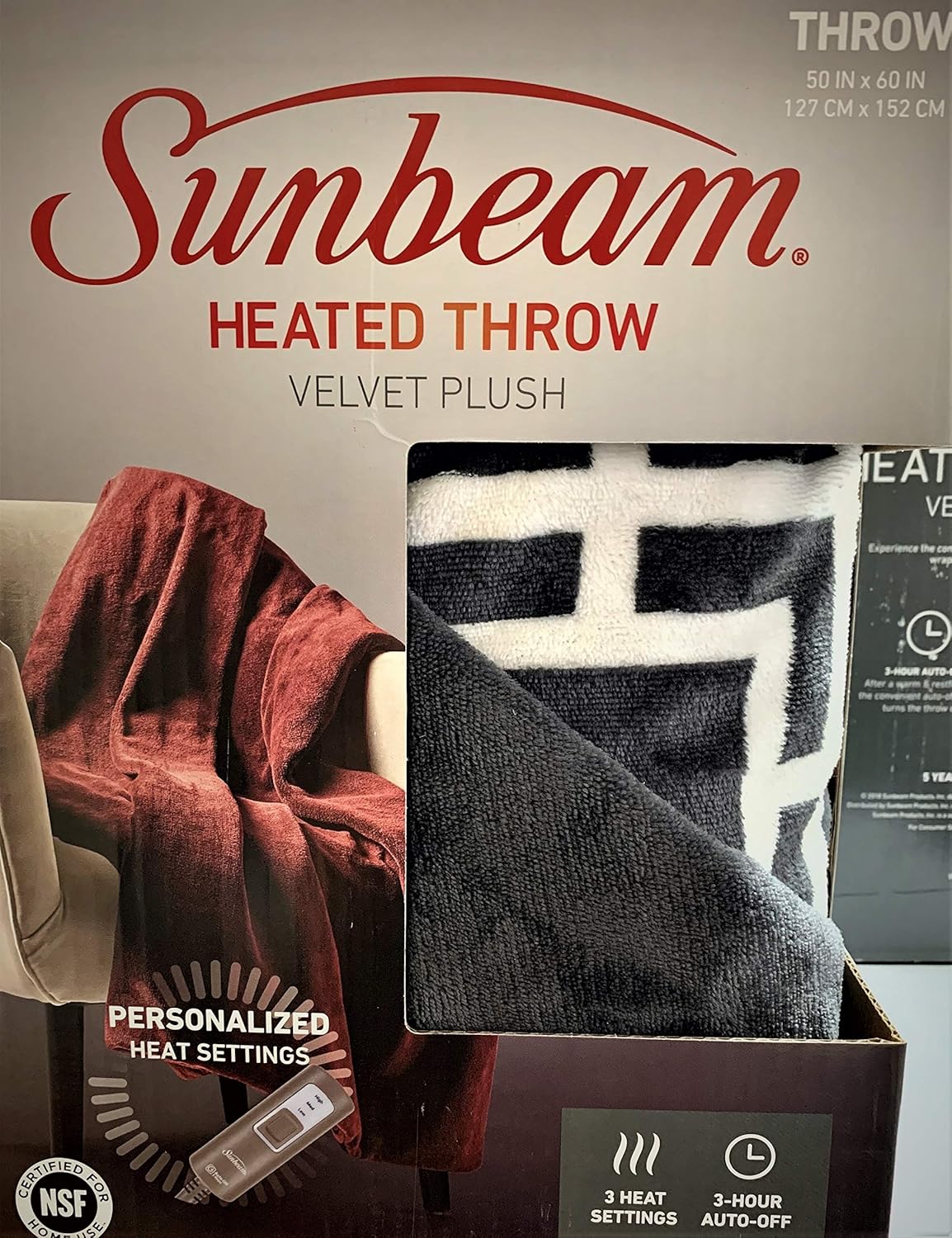 Sunbeam Electric Heated Premium Plush Blanket Throw with 3-Heat Settings, Auto-Off, Machine Washable 5 Year Warranty, Grey/White Lattice