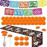 Dia De Los Muertos Decorations, Ofrenda Decorations for Altar, 2Pcs Papel Picado, Linen Mexican Table Runner, 50Pcs Marigold Garland for Day of The Dead