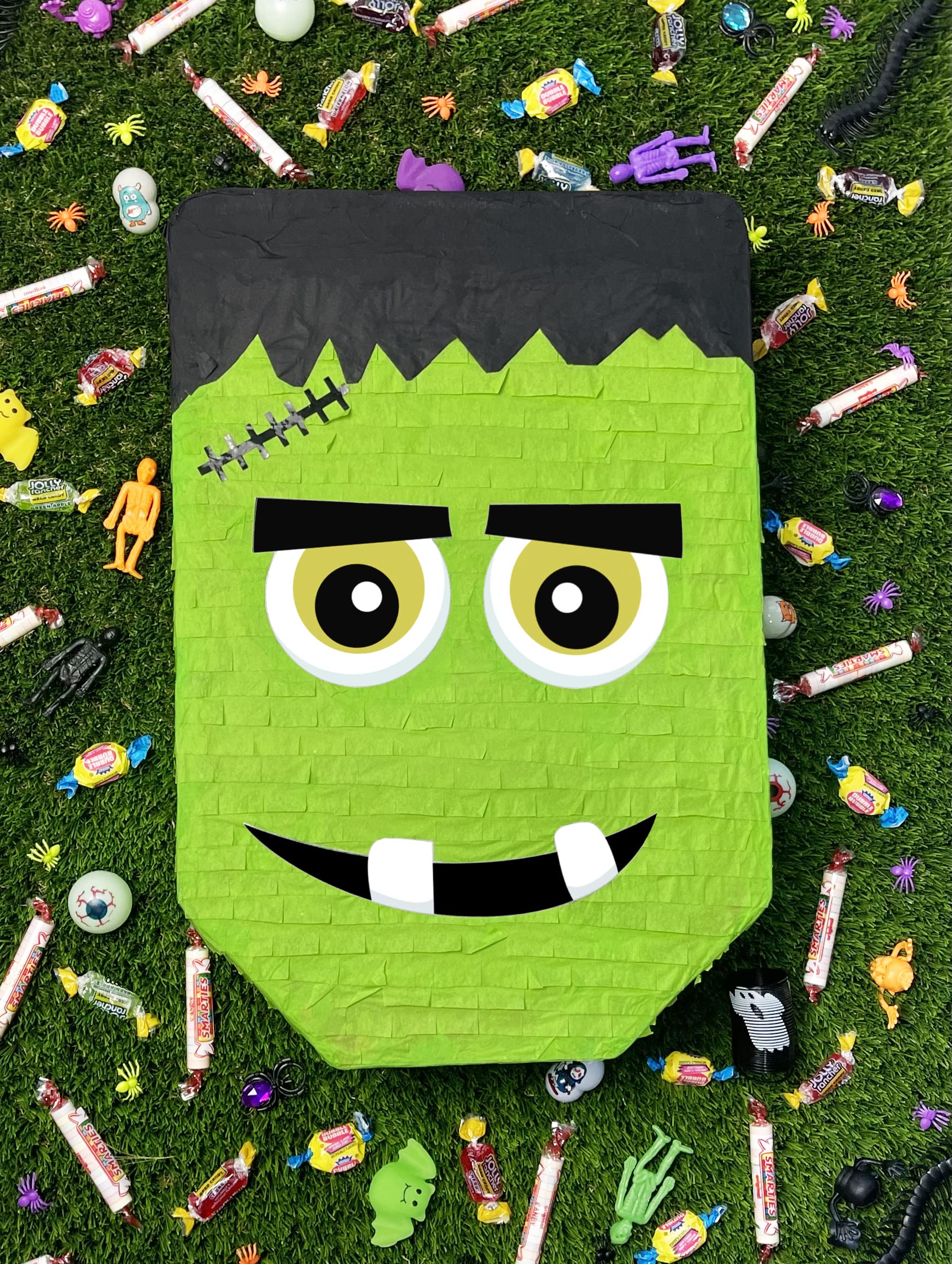Cute Frankenstein Halloween Piñata 3-piece Bundle for kids and adults, fits 2lbs of candy, perfect for Halloween party, spooky decorations, October birthday and party supplies