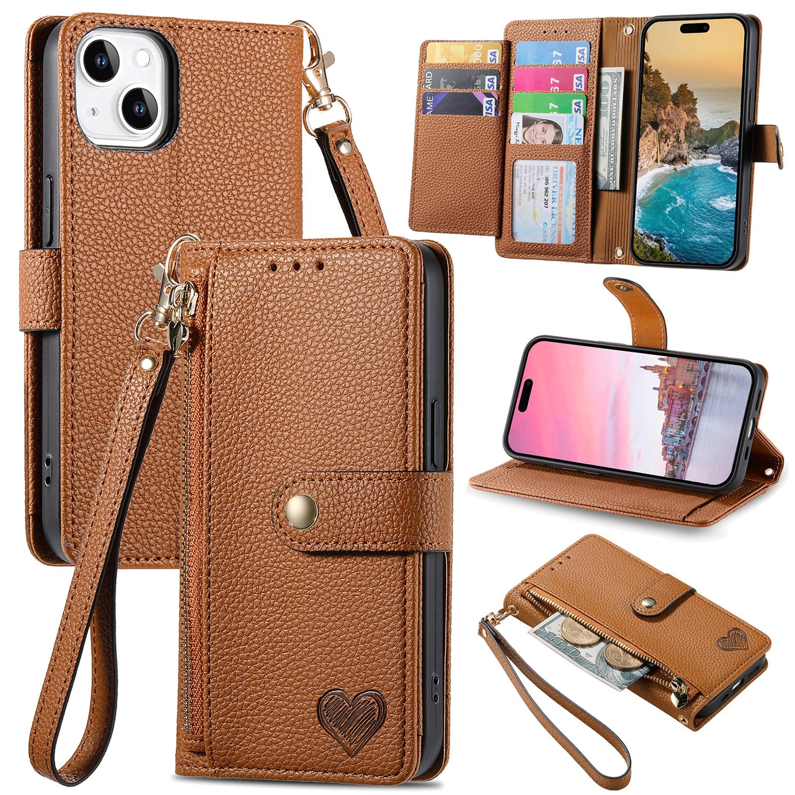 VEEMOS Zipper Wallet Case for Apple iPhone 13 Phone Case with Purse Card Holders RFID Blocking Leather Flip Case Book Cover Wrist Strap Women - Brown