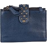 VILENCA HOLLAND 4.75 Inch Genuine Italian Leather Boho Studded Bifold Wallet – Zipper Coin Purse & Credit Card Holder for Women (Navy)