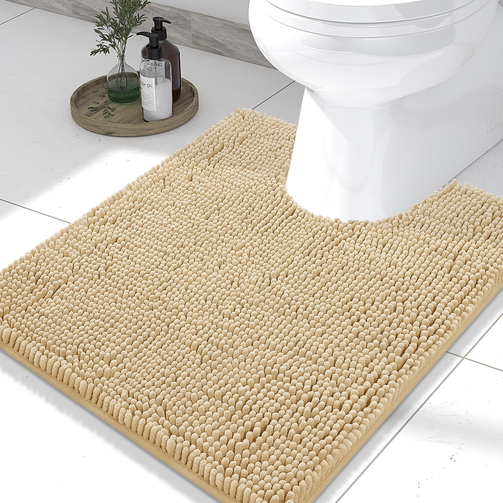 Smiry Luxury Chenille Toilet Rugs U-Shaped 24x20, Soft Absorbent Non-Slip Contour Bathroom Rugs for Toilet, Machine Washable Contoured Bath Mats, Beige