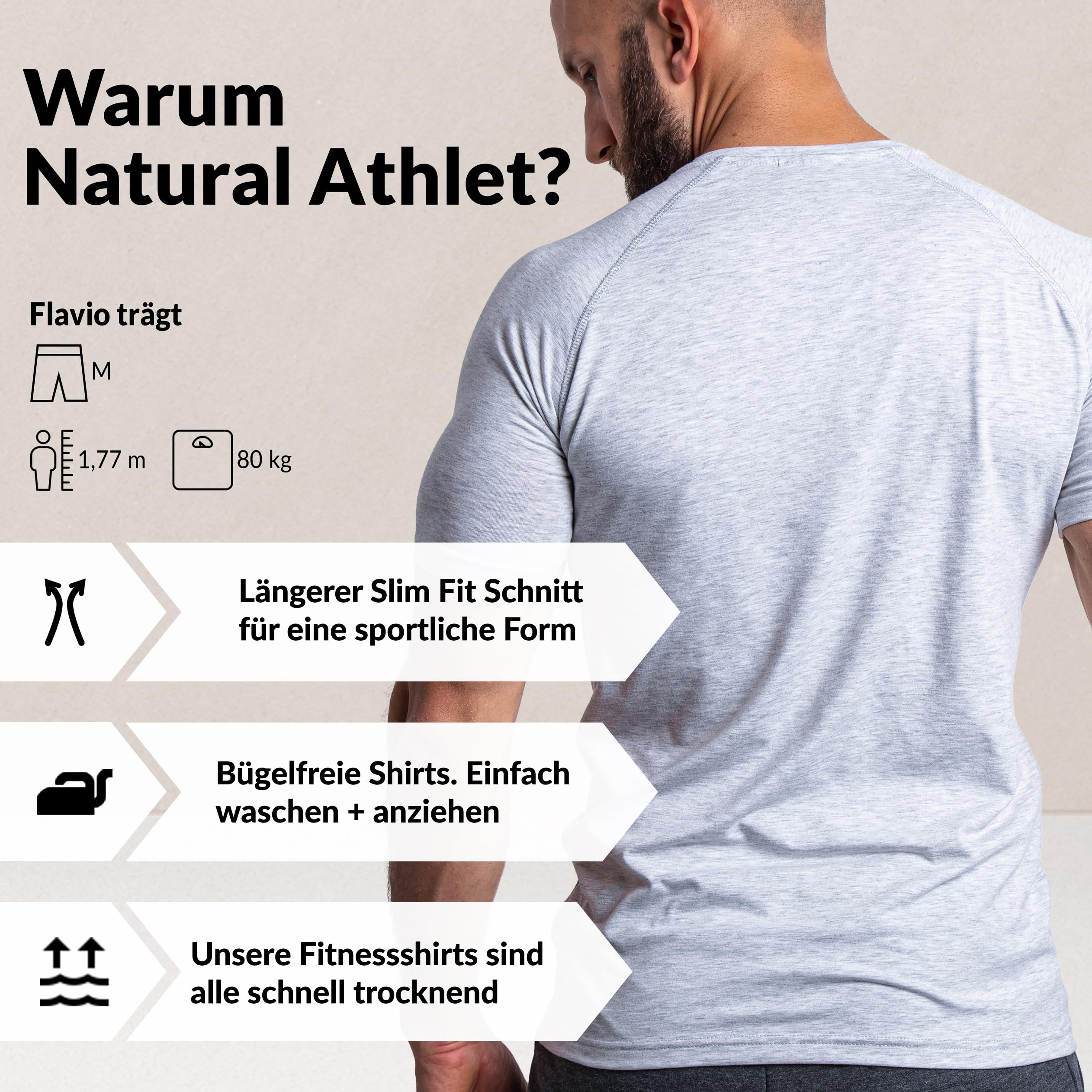 Herren Fitness T-Shirt meliert - Männer Kurzarm Shirt für Gym & Training - Passform Slim-Fit, lang mit Rundhals, Hellgrau, M 2