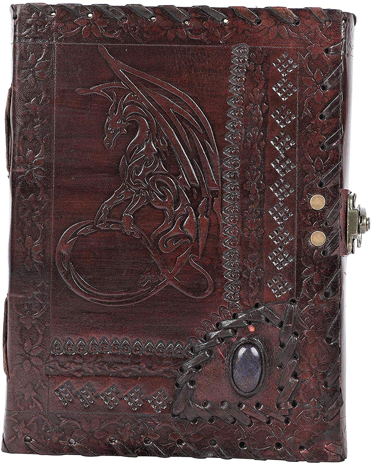 OVERDOSE Dragon with Stone Embossed Leather Journal - Handmade Antique Stone Journal For Students Men & Women Diary Leather Sketchbook Drawing Journal Notebook - 6 X 8 Inches | 15 X 20 cm | A5
