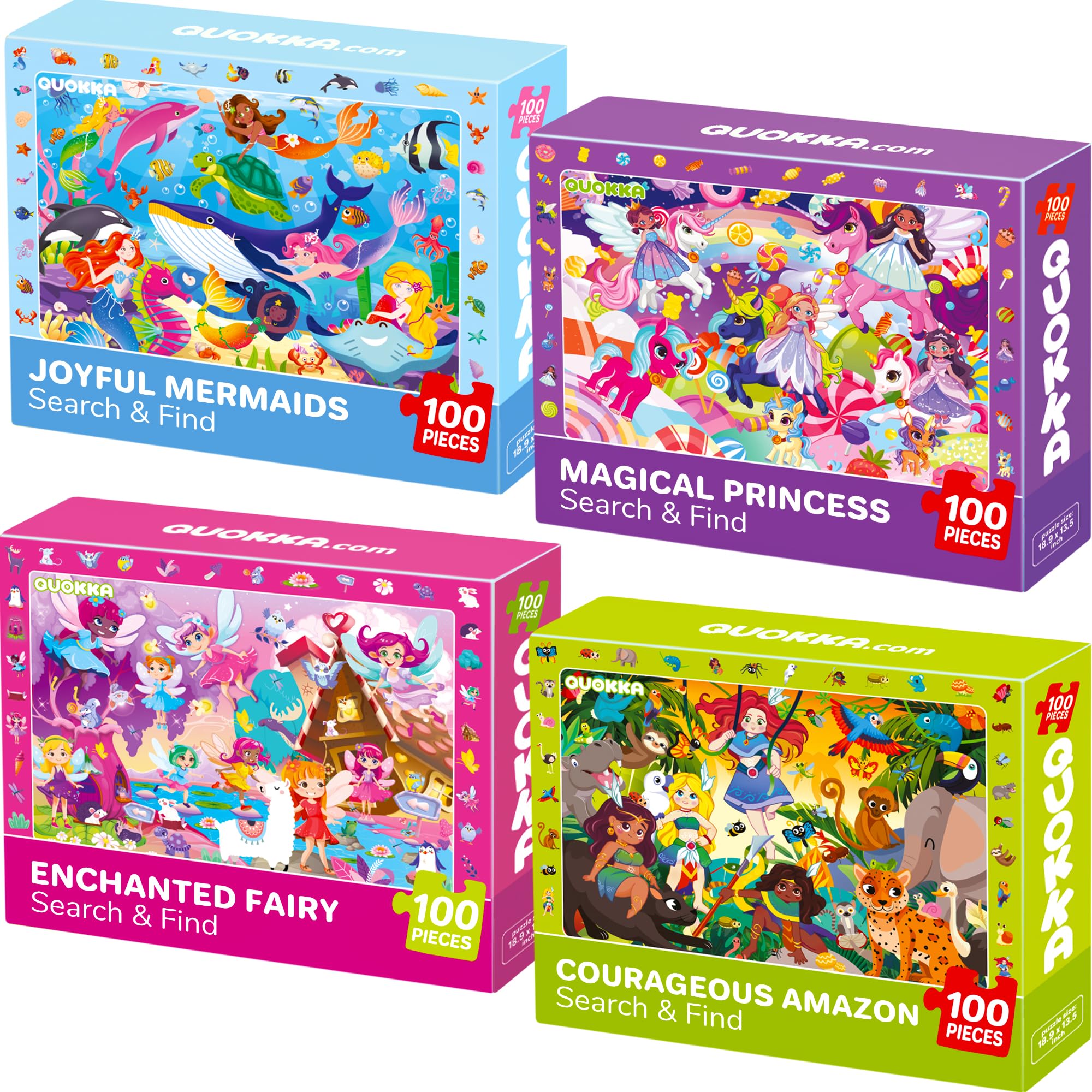 QUOKKA Jigsaw Puzzles For 3 4 Year Olds - 4x100 Jigsaws for Children Age 5 6 7 - Observation Kids Puzzles For Learning Princess Mermaids - Unicorn Gift Toy for Boys & Girls 5-8 yo โ image 1