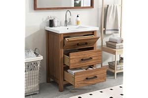 LostCat 24inch Bathroom Vanity with Sink,Modern Bathroom Storage Cabinet with 3 Drawers,Easy Assmebly and Clean,for Bathrooms with Small Spaces(Natural Wood)