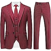 MOGU Mens 3 Piece Pinstripe Suit Slim Fit Double Vents Tuxedo Jacket Vest & Pants Casual Dress Set