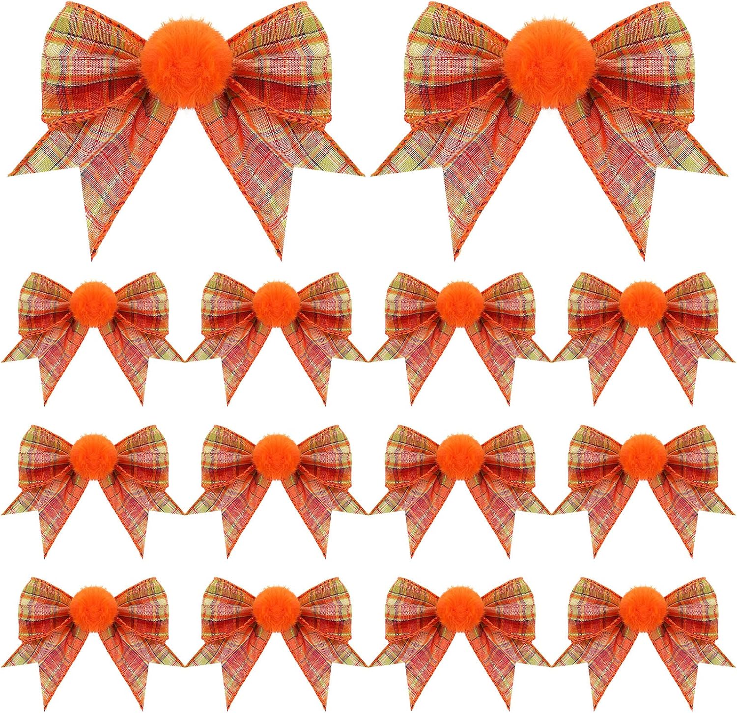 Bows & Ribbons - 12 Pieces Fall Plaid Bows Thanksgiving Wreath Bows with Furry Ball Orange Buffalo Plaid Bow Decors Autumn Themed Rustic Decorative Bows for Fall Tree Topper Thanksgiving Party Autumn Harvest Decor