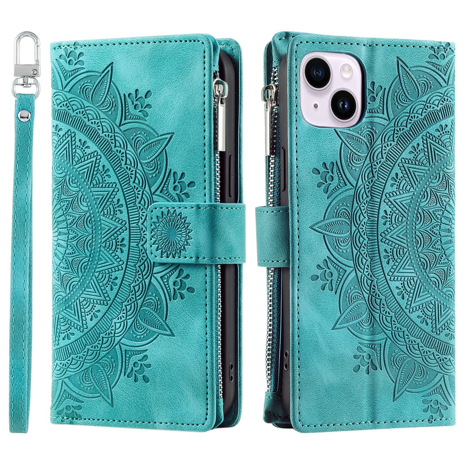 VEEMOS Wallet Case for iPhone 14 Plus Flower Flip Case Protective Leather Folio Book Phone Cover with Card Slots Kickstand Zipper Pocket - Green