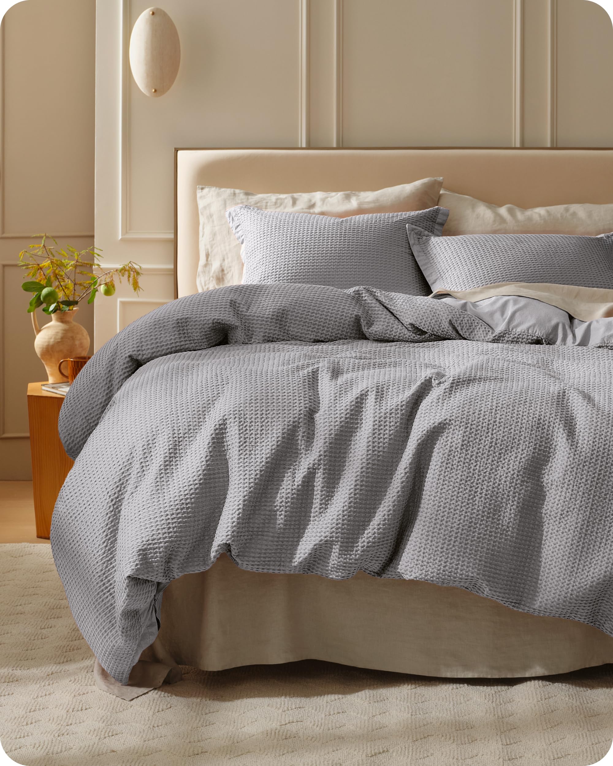 Photo 1 of Bedsure Cotton Duvet Cover Queen - 100% Cotton Waffle Weave Grey Duvet Cover Queen Size, GentleSoft™ and Breathable Bedding Set for All Season, 3 Pieces, 90"x90"