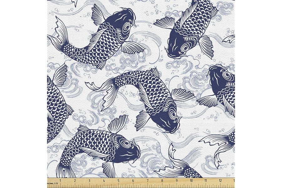 Ambesonne Fish Fabric Material by the Yard, Japanese Carp Koi Waves Patterned Background Ancestral Animals Culture, Decorative Cloth for Furnishing Sofa Upholstery and Home Accents, 1 Yard, White Blue