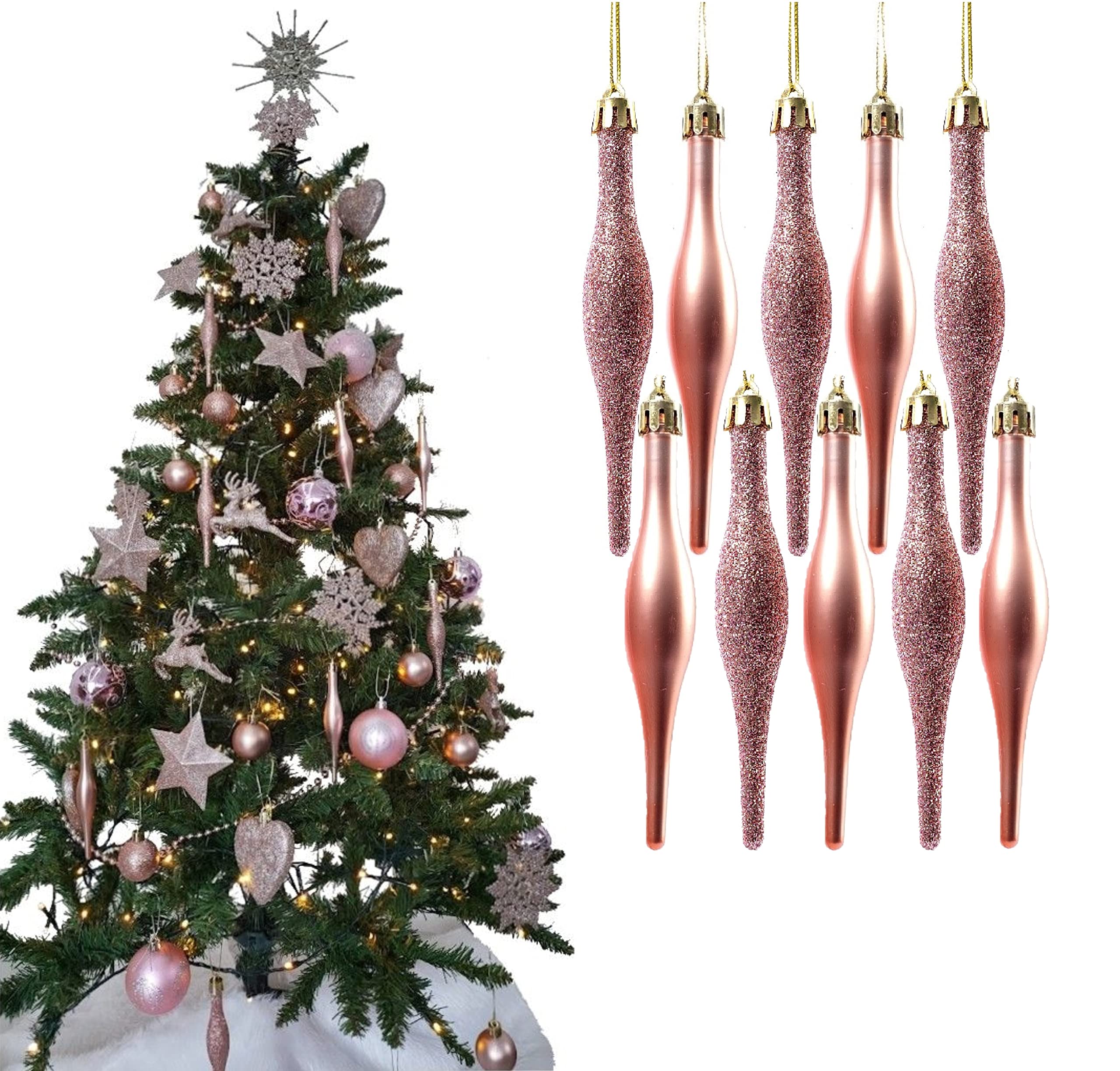 Simply Products 10 Droplet Baubles - Great Christmas Tree Decoration, Matte & Glitter Icicle Baubles (Rose Gold Glitter & Matte)