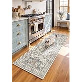 EiniHliw 2x6 Non-Slip Washable Kitchen Vintage Runner Rug, Beige Blue | Water Resistant, Stain-resistant, Hallway runner, Distressed Indoor rug, Thin Rug, Entryway Mat, Bedroom, Foldable, Low Pile