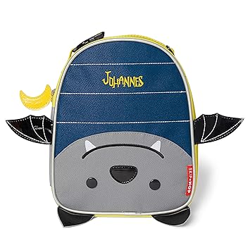 Skip Hop Lunchie Brotzeit-Tasche mit Namen | Motiv Fledermaus Vampir in dunkelblau & schwarz | für Jungen & für Mädchen | Kin
