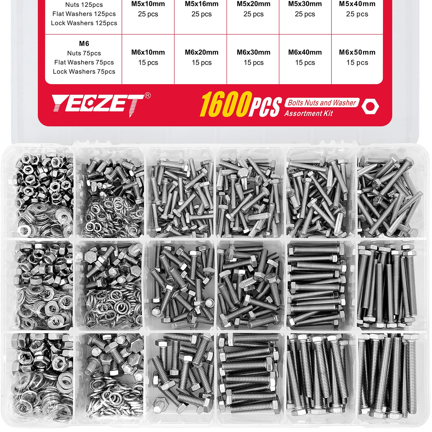 YEEZET 1600PCS M4 M5 M6 Heavy Duty Bolts and Nuts Flat & Lock Washers Assortment Kit,18-8 Stainless Steel,15 Most Common Sizes